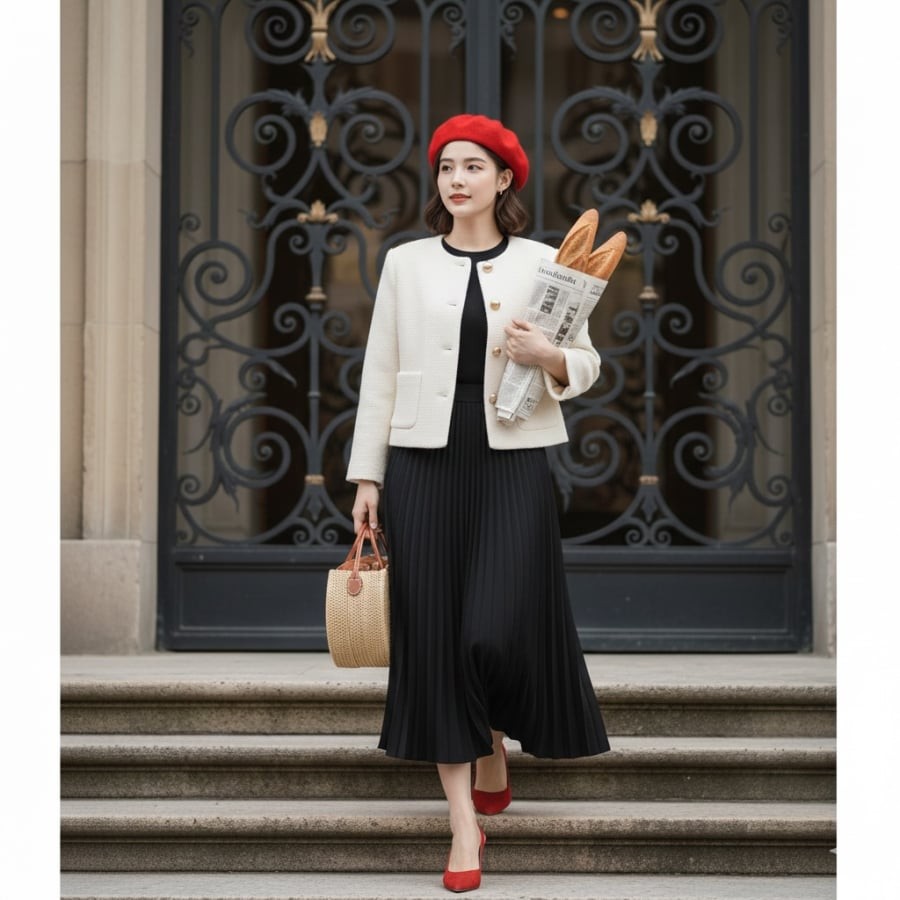 Sự mềm mại của váy dài gặp nét cứng cáp của áo khoác ngắn tạo nên sự cân bằng hài hòa