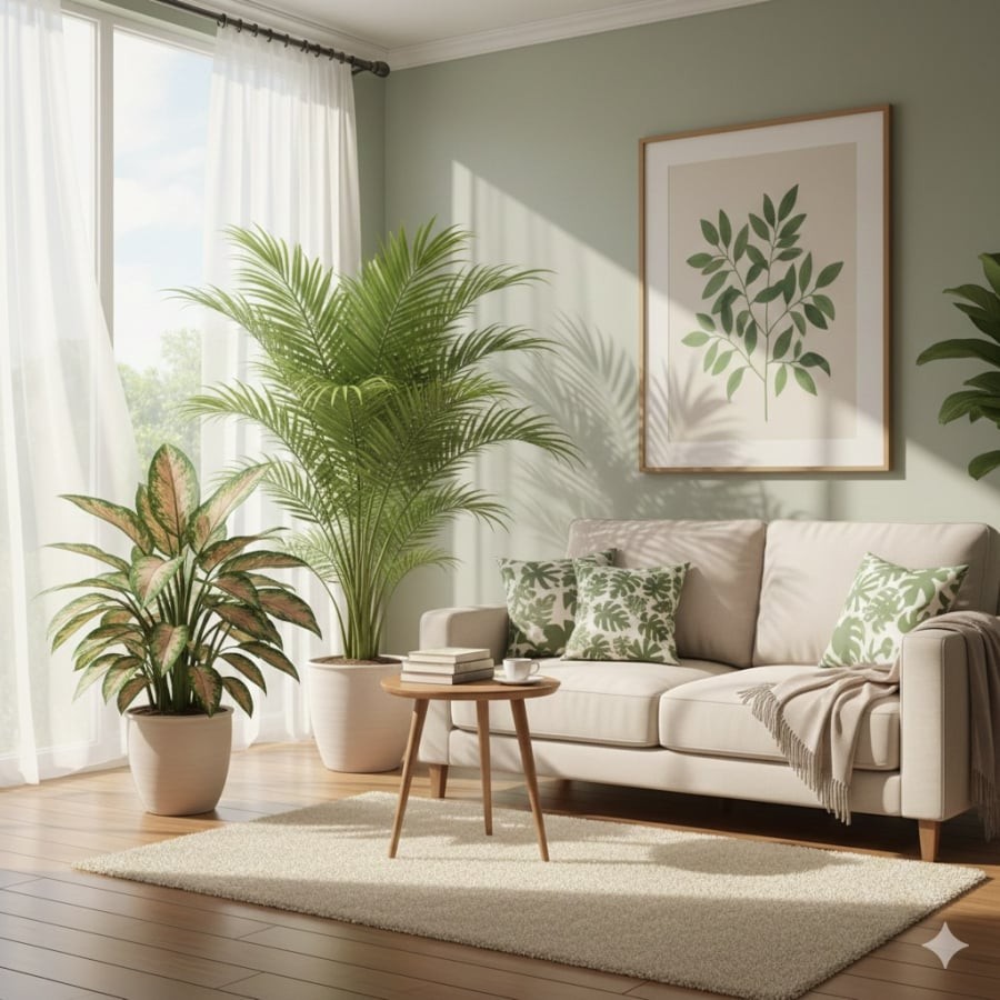 Cây phong thủy đặt tại phòng khách giúp tăng vượng khí, thu hút tài lộc và tạo không gian sống tươi mới.