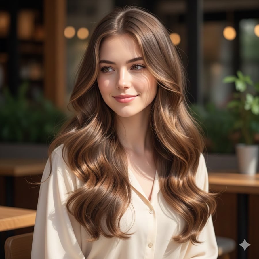 Kết hợp tóc rẽ ngôi giữa với những lọn xoăn gợn sóng tạo cảm giác bồng bềnh và sống động