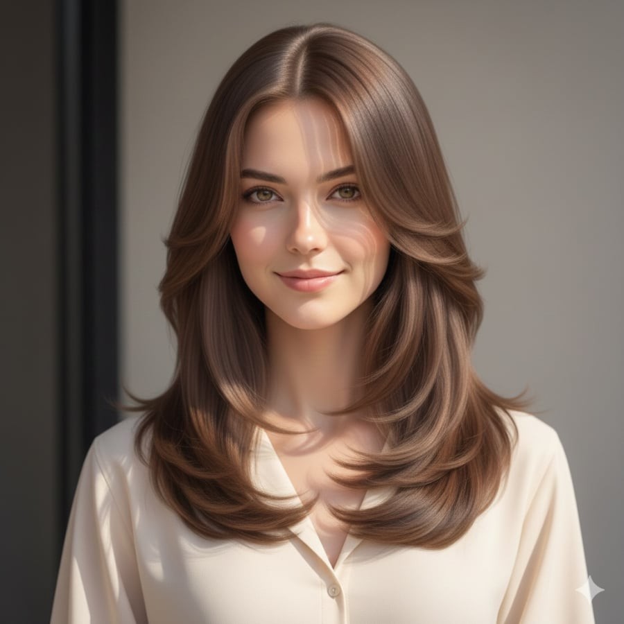 Tóc layer rẽ ngôi giữa bồng bềnh, trẻ trung và hiện đại.