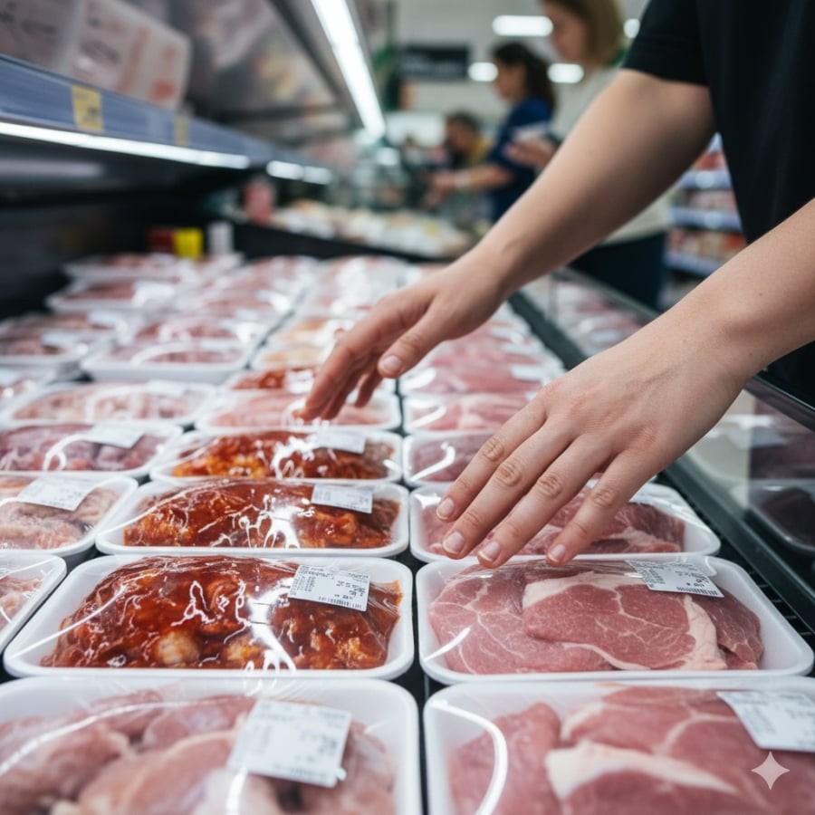 Thịt ướp sẵn hấp dẫn nhưng khó đánh giá độ tươi — nên ưu tiên thịt nguyên miếng.