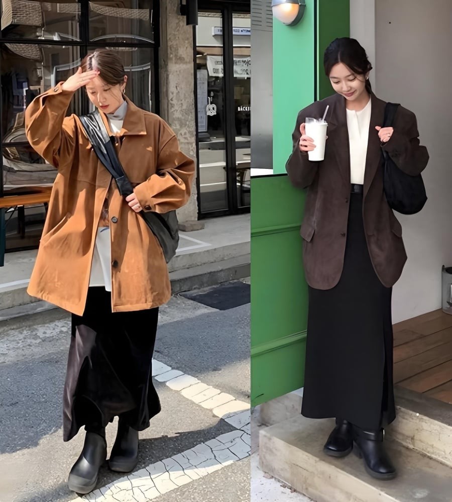 Blazer kết hợp cùng váy dài tạo nên hình ảnh thanh lịch, hiện đại nhưng vẫn mềm mại. 