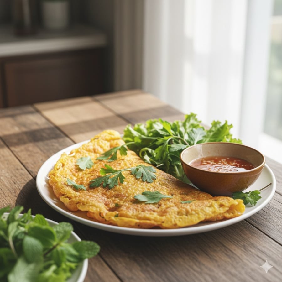 Bánh xèo cải cúc – gợi ý bữa sáng nhanh, đủ chất và lạ miệng.