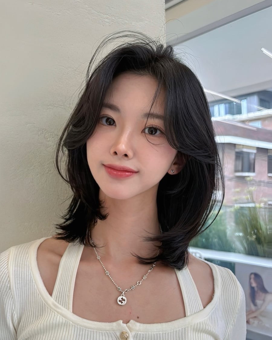 Phần mái rẽ hai bên giúp tạo khung mặt tự nhiên, rất phù hợp với gò má cao hoặc mặt dài.