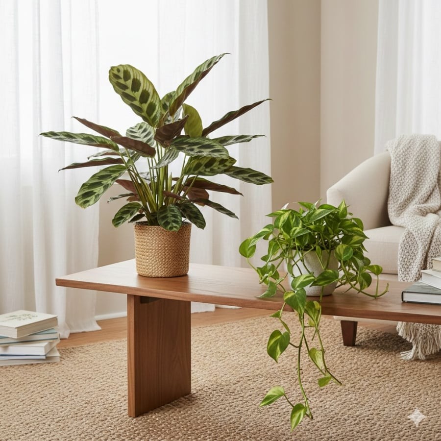 Góc sống an yên với cây đuôi công & trầu bà – hai nguồn năng lượng chữa lành cho nội thất.