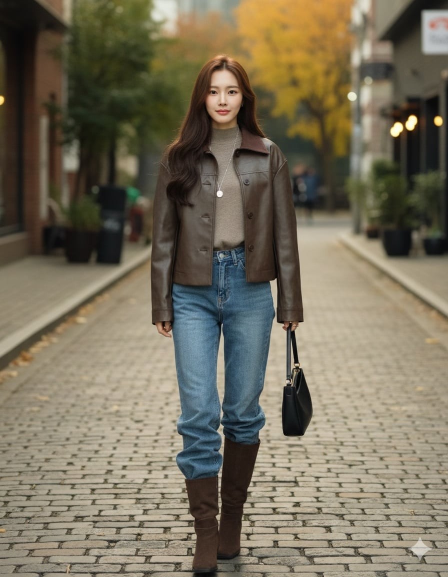 Áo khoác da và quần jeans giống như hai mảnh ghép sinh ra để đứng cạnh nhau