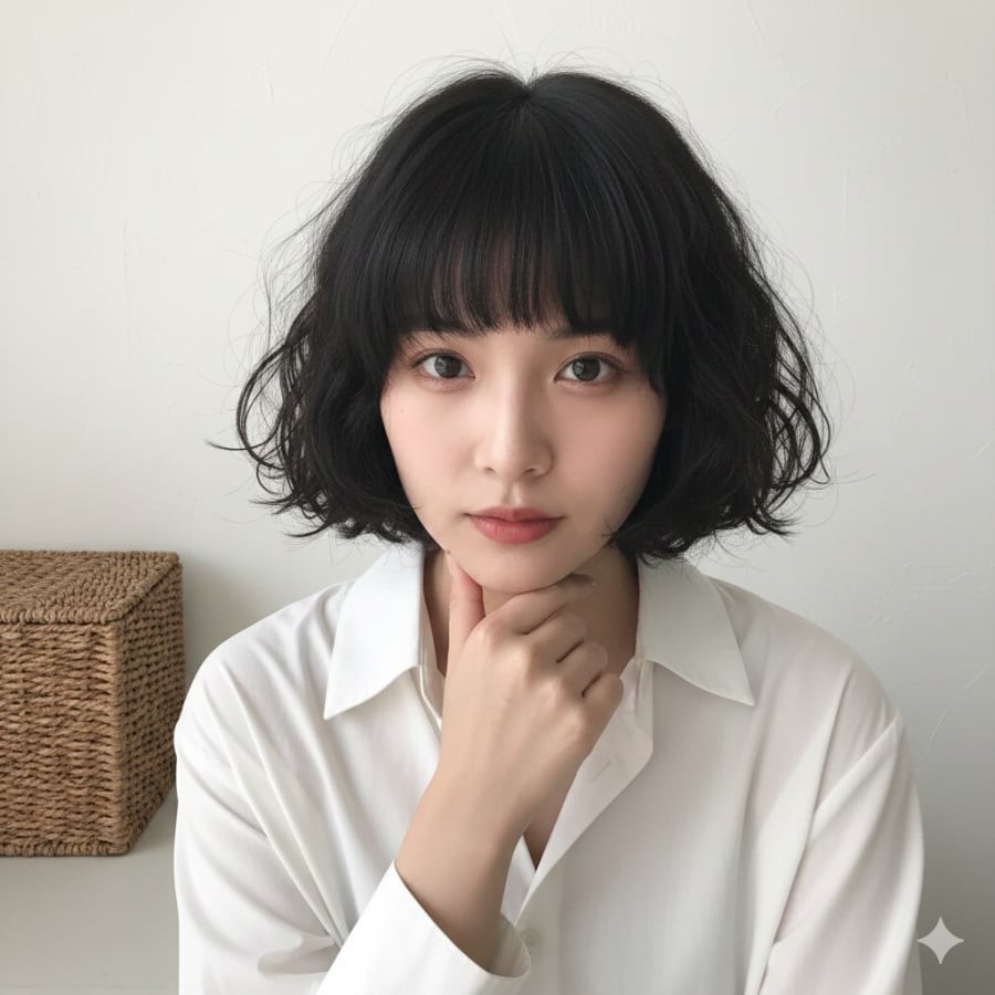 Bob uốn cụp nhẹ, tạo đường nét mềm mại và giúp gương mặt thon gọn hơn.