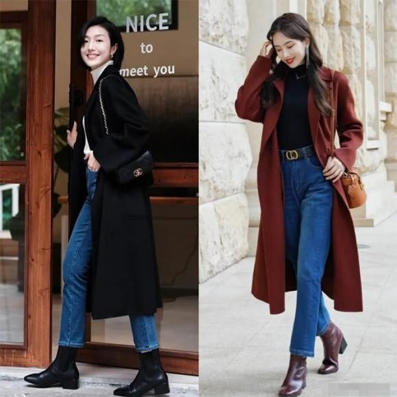 Khi kết hợp với áo khoác, hãy nhét áo vào cạp quần và đi bốt cổ ngắn hoặc giày cao gót để tăng hiệu ứng tôn dáng.