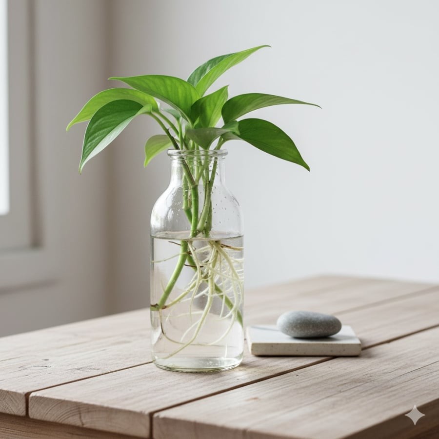 Trầu bà thủy sinh dễ chăm – chỉ cần thay nước định kỳ mỗi tuần.