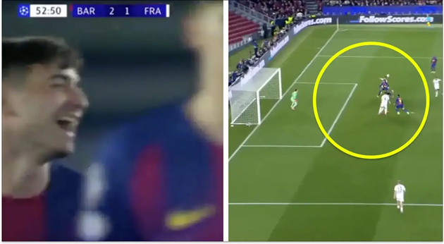 Phản ứng của Pedri với bàn thắng thứ hai của Kounde.