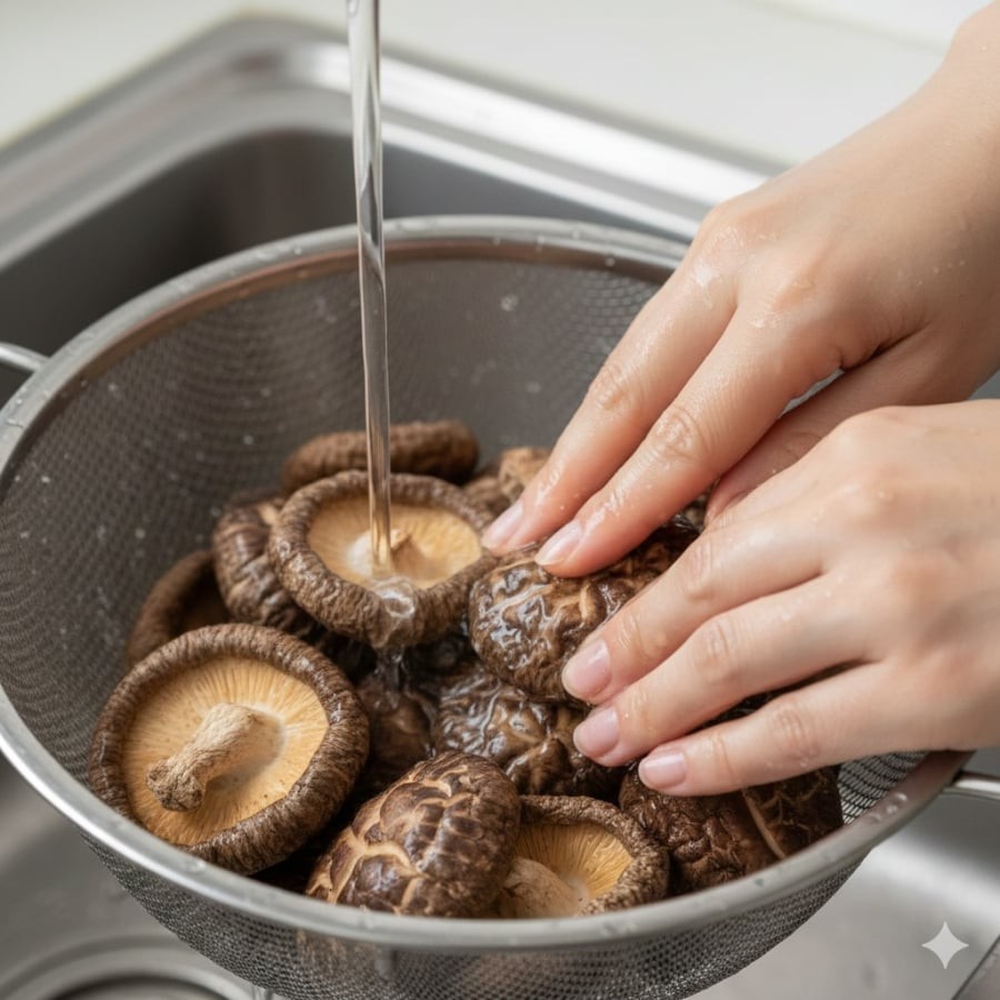 Rửa nấm hương dưới vòi nước, chà nhẹ để sạch bụi bẩn trước khi ngâm.