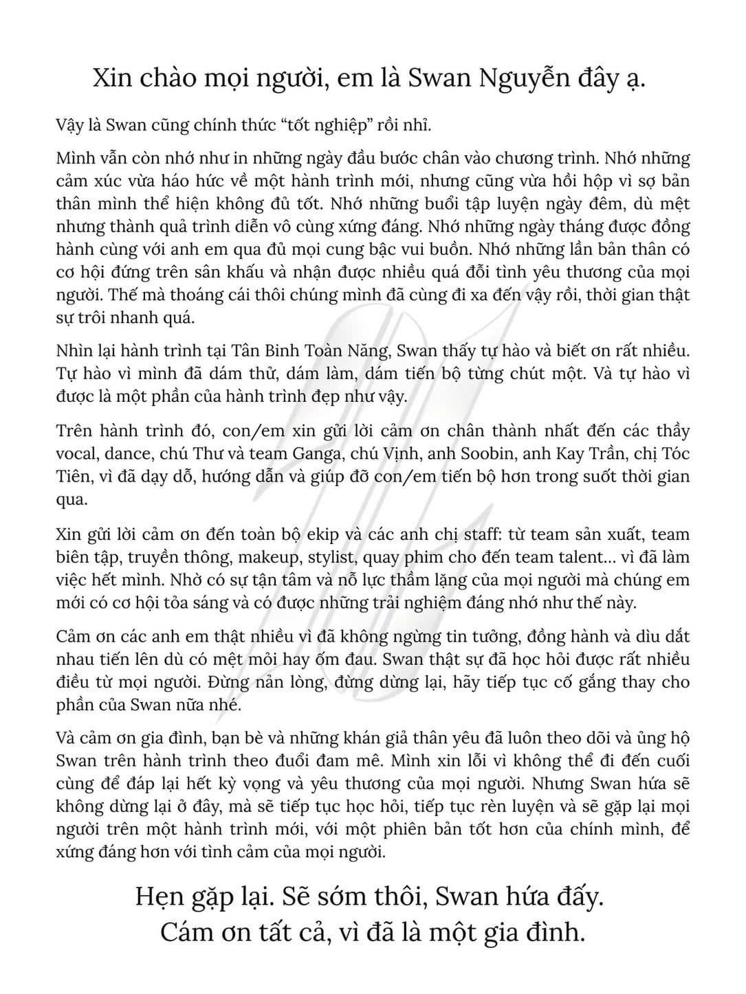 Lời gửi gắm của Swan Nguyễn trên trang cá nhân sau khi kết thúc hành trình tại Tân binh toàn năng