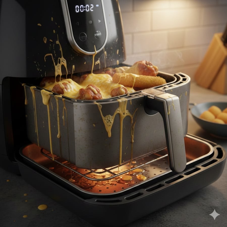 Phô mai và mỡ thừa dễ gây ám khói, bám dính và làm giảm tuổi thọ nồi chiên.