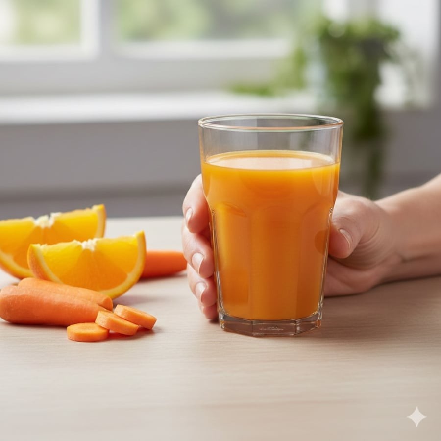 Nước ép cam – cà rốt giàu vitamin A và C, hỗ trợ da U40 mờ nám và sáng khỏe.