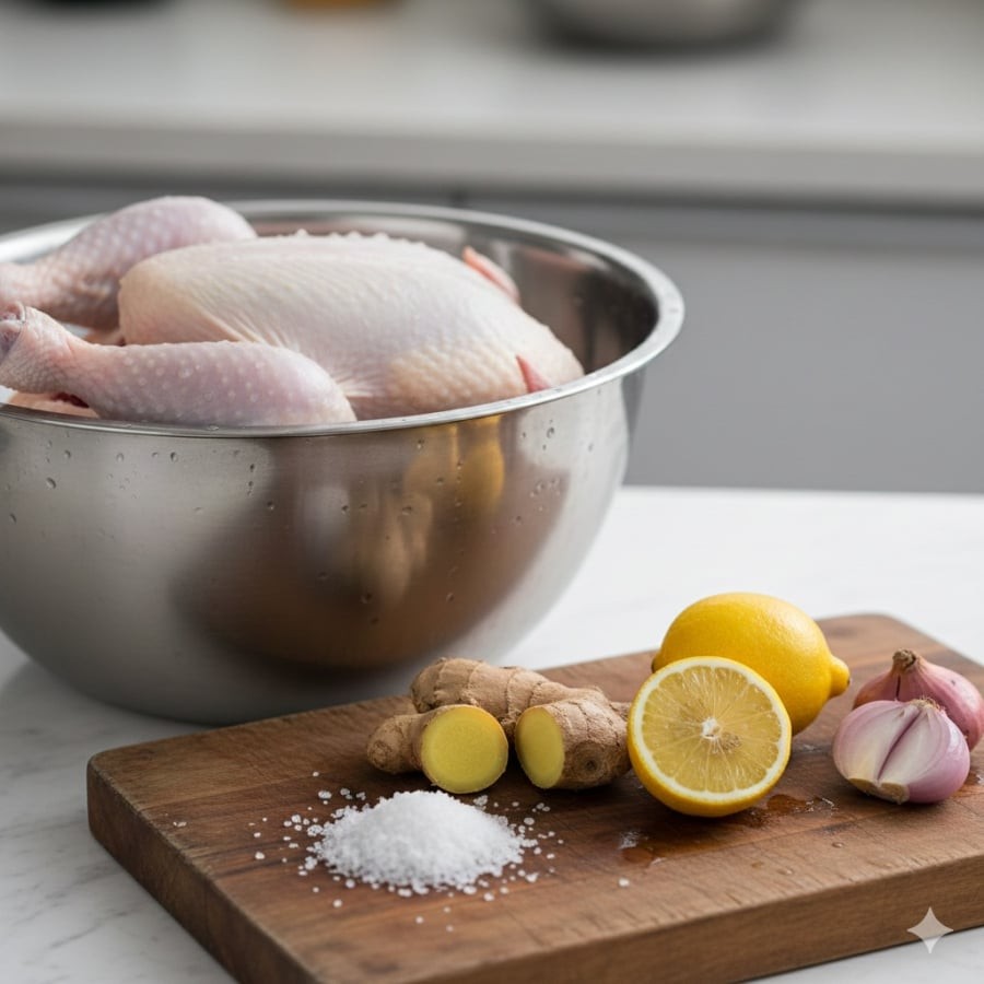 Sơ chế gà đúng cách với muối và gừng giúp loại bỏ mùi tanh ngay từ đầu.