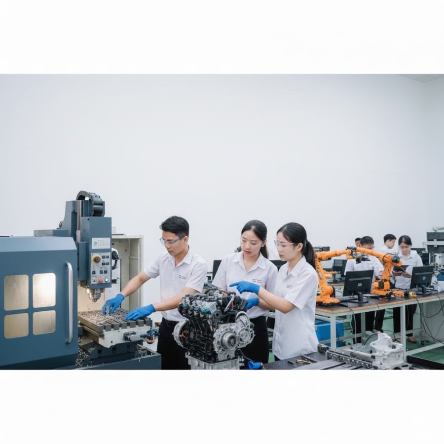 Đào tạo gắn liền thực hành giúp sinh viên cơ khí dễ tìm việc và nhanh chóng thích nghi môi trường doanh nghiệp.