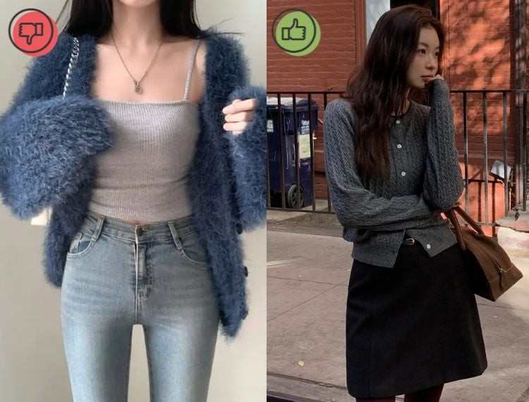  Khi các xu hướng hiện đại đề cao sự gọn gàng và phẳng phiu, những thiết kế cardigan lông mất điểm vì tạo cảm giác cồng kềnh và thiếu tinh tế. 