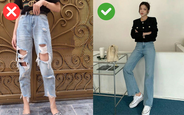 Những mảng rách lớn, chằng chịt khiến chiếc quần trông thiếu sự tinh tế và làm tổng thể trang phục trở nên luộm thuộm.