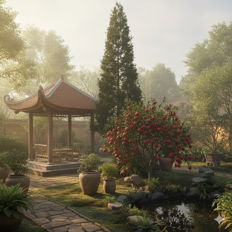 Tùng la hán tượng trưng cho sự bền vững, cây lựu gắn với phúc lộc và con cháu đông đủ theo quan niệm dân gian.