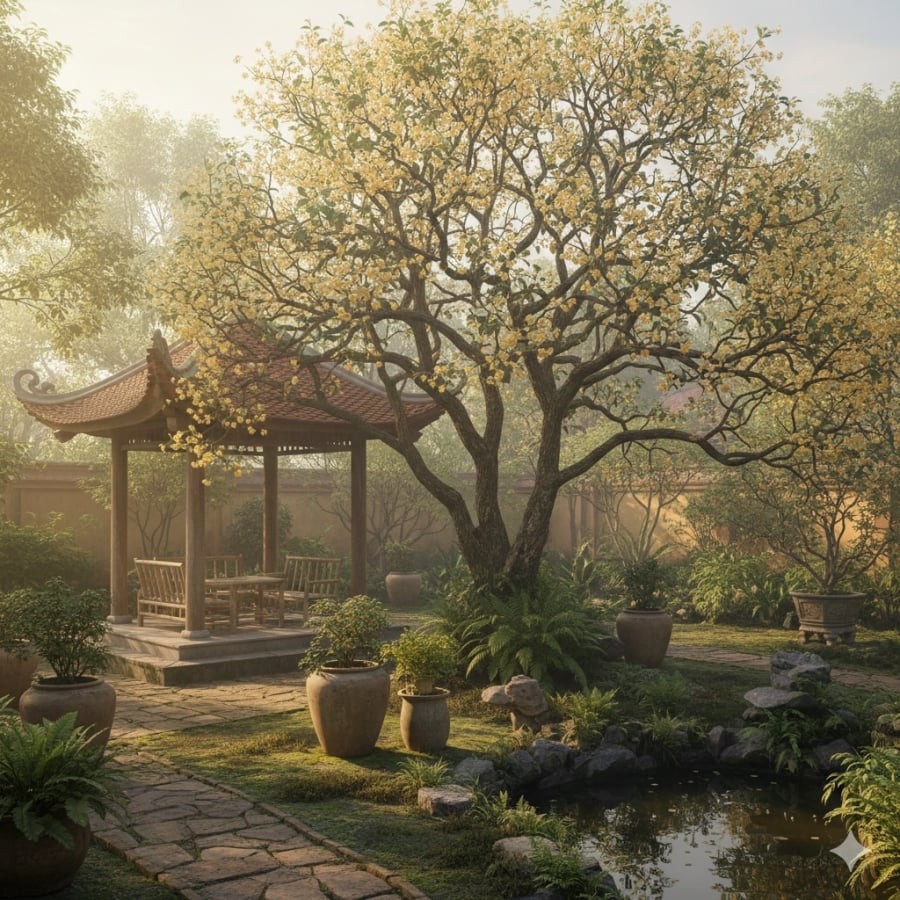 Cây mộc hương được người xưa xem là biểu tượng của quý khí, giúp sân nhà thơm mát và tụ phúc lâu dài.