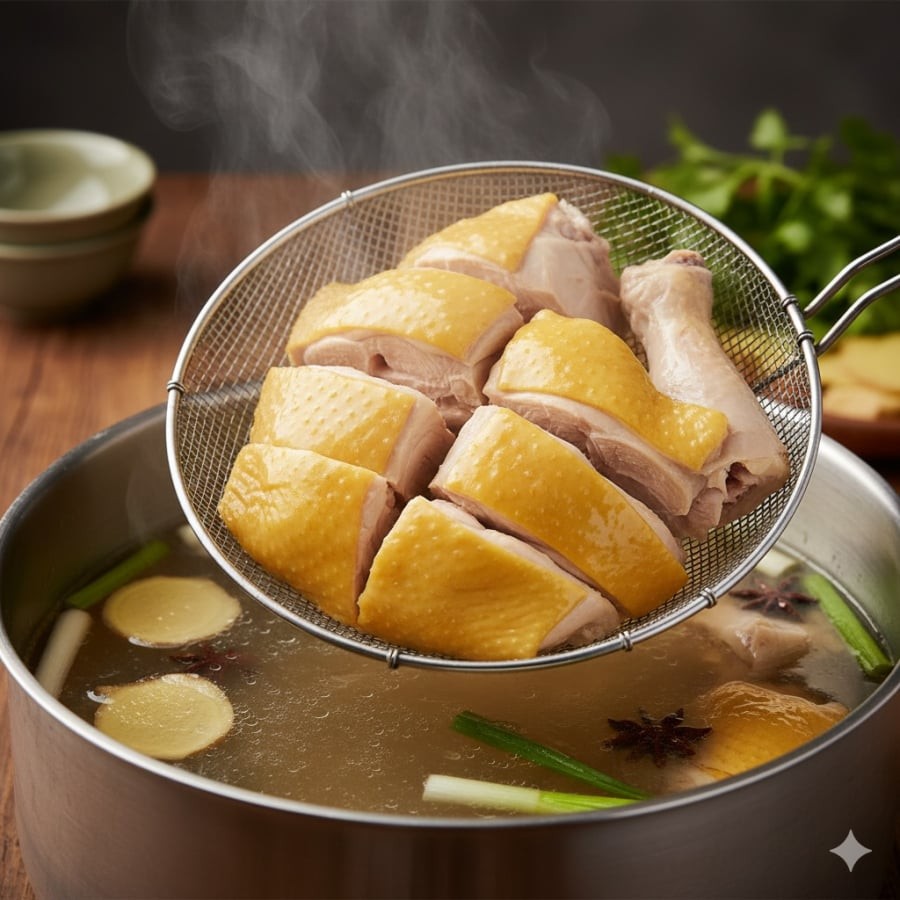 Chần gà bằng nước nóng là cách hâm nhanh, giúp thịt mềm lại mà không bị khô.