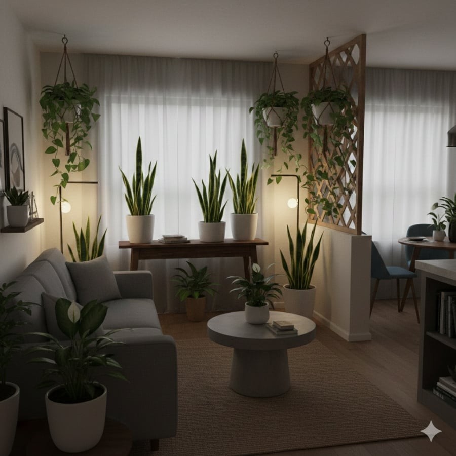 Cây cảnh chịu bóng giúp căn hộ thiếu ánh sáng vẫn giữ được vẻ xanh mát và hài hòa.