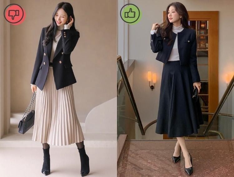 Những nếp ly quá nhỏ và dày khiến trang phục trông cứng nhắc, đồng thời dễ tạo cảm giác cơ thể bị “chia khúc