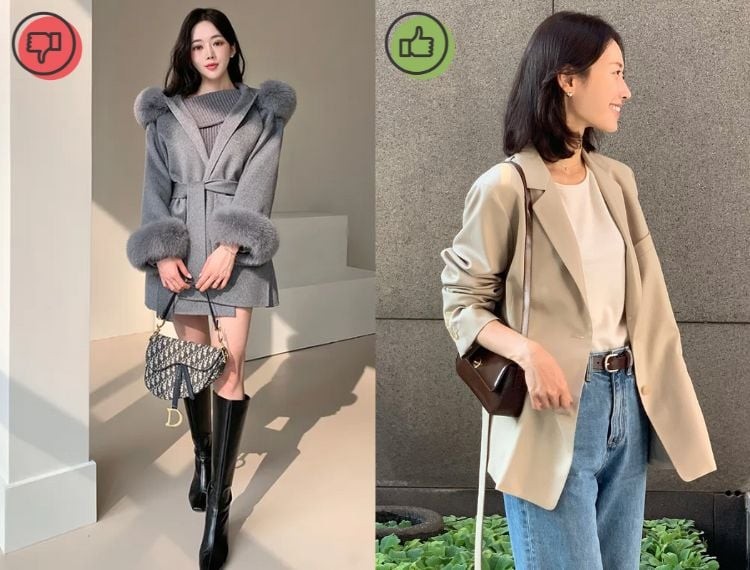 Phần viền lông dày dễ tạo cảm giác cồng kềnh, nặng nề và khiến tổng thể trang phục trông già hơn, đặc biệt khi kết hợp với gam màu tối.