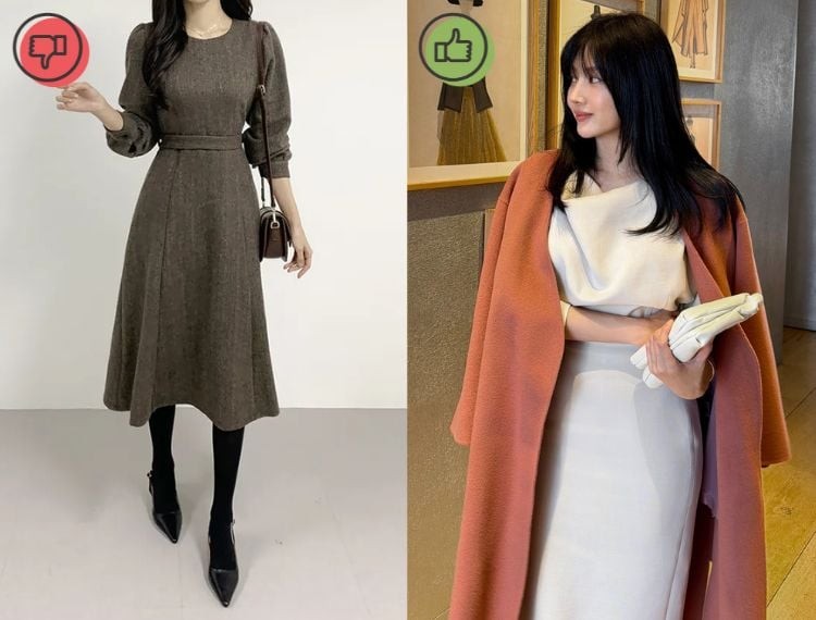 Tuy nhiên, kiểu váy này rất dễ khiến tổng thể trở nên nặng nề và già dặn, nhất là khi phối cùng áo và giày tối màu. 