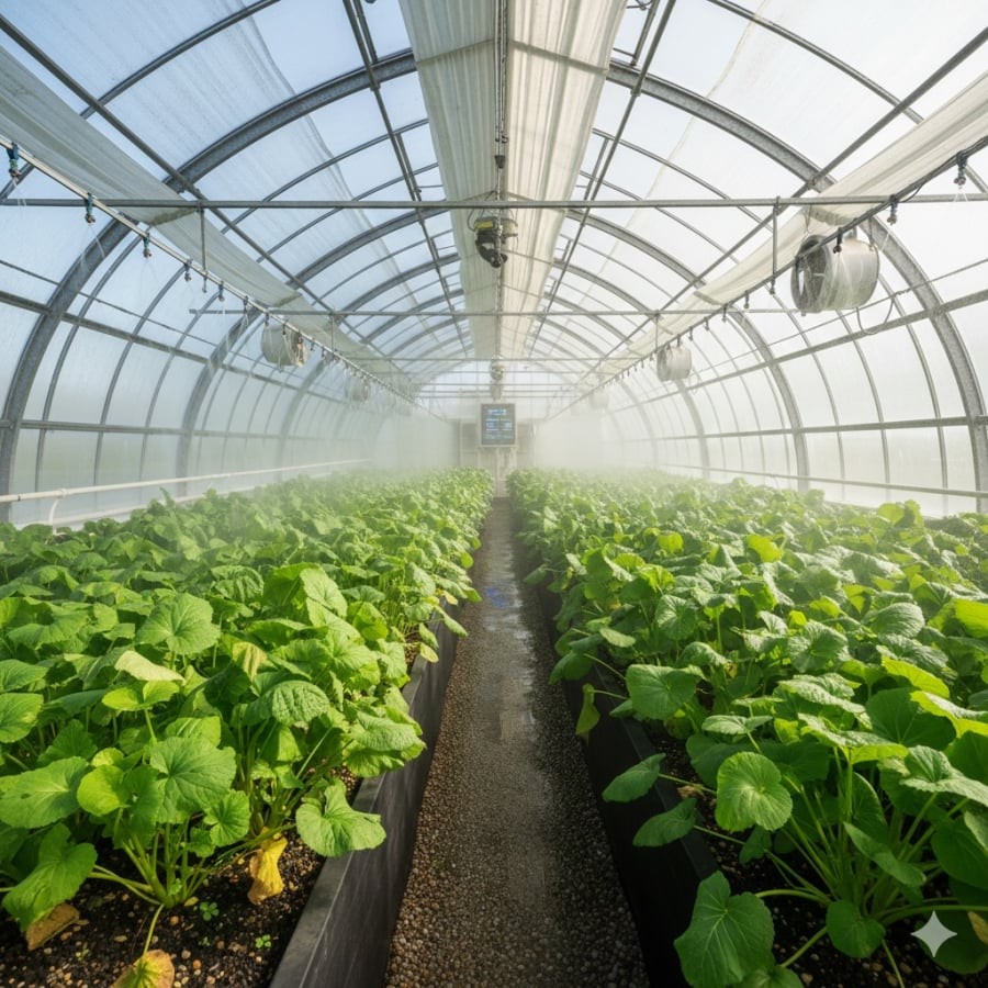 Mô hình trồng wasabi trong nhà kính tại Việt Nam, đáp ứng các điều kiện khắt khe về nhiệt độ, ánh sáng và độ ẩm.