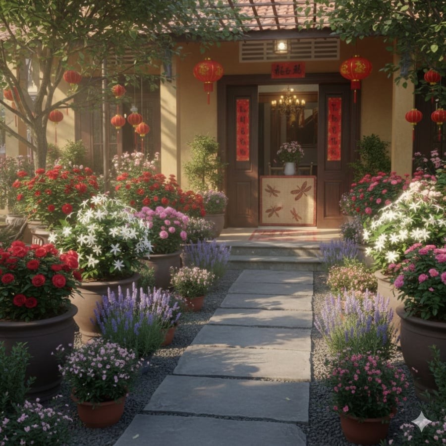 Những chậu hoa thơm đặt trước nhà giúp lối vào ngày Tết trở nên tinh tế và dễ gây thiện cảm.