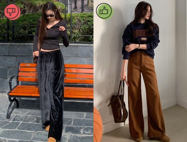 Nếu không phối đồ khéo léo, quần nhung dễ tạo cảm giác nặng nề, cộng tuổi cho người mặc và làm tổng thể trang phục kém nhẹ nhàng. 