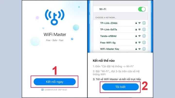 Bật Dữ liệu di động trên điện thoại, sau đó mở ứng dụng WiFi Master vừa tải về, chọn Nhận thêm wifi miễn phí nếu bạn muốn có nhiều mạng wifi hơn nữa. Chọn Kết nối với Wifi mà bạn muốn kết nối.

