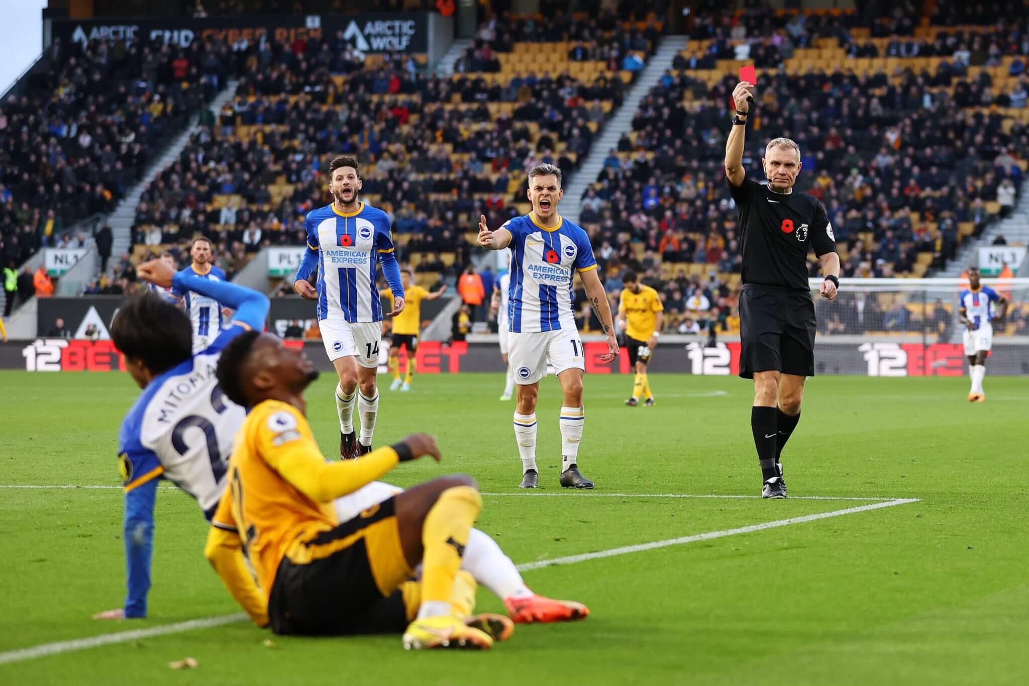 Scott rút thẻ đỏ trong trận đấu giữa Brighton và Wolves.