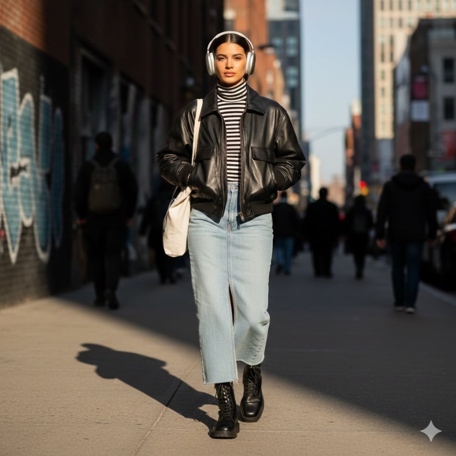 Sự kết hợp giữa áo khoác da và chân váy dài tạo nên tổng thể hài hòa nhờ sự tương phản chất liệu