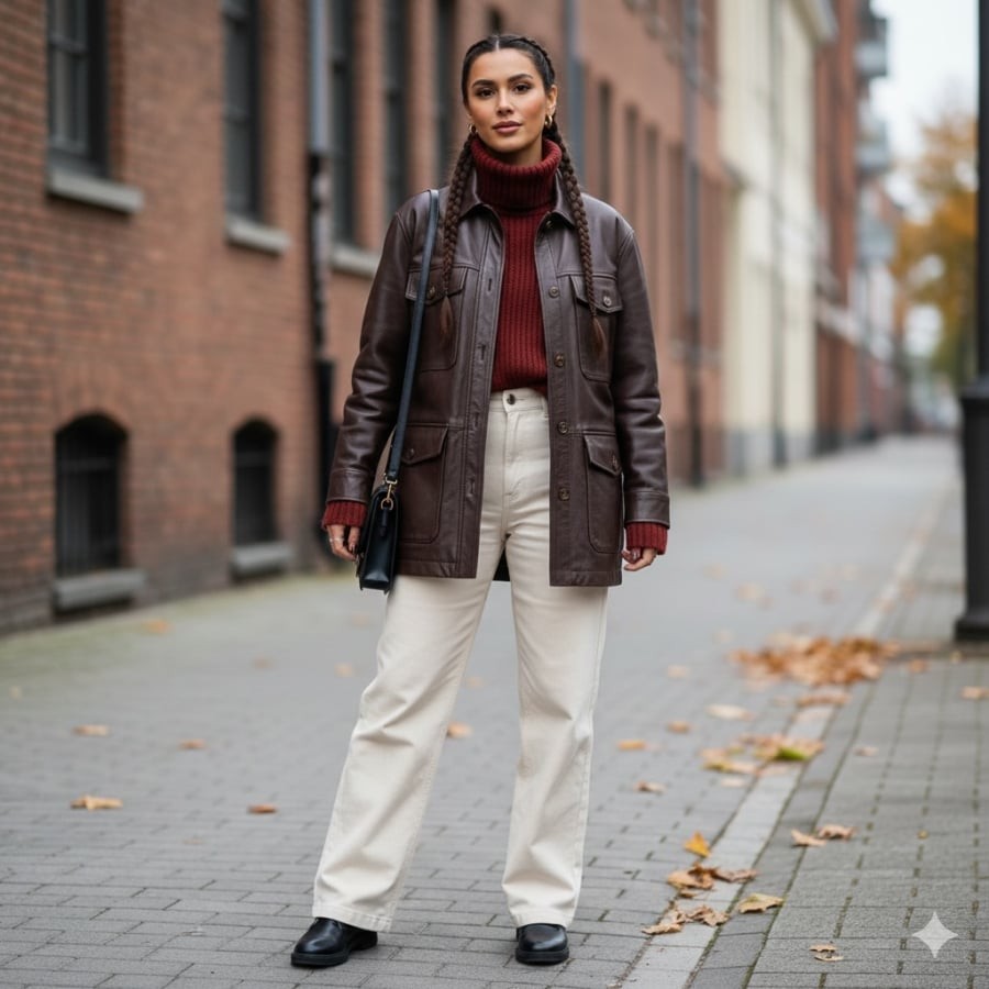 Quần tây mang lại sự chỉn chu, khi kết hợp cùng áo khoác da sẽ tạo nên hình ảnh trưởng thành và hiện đại