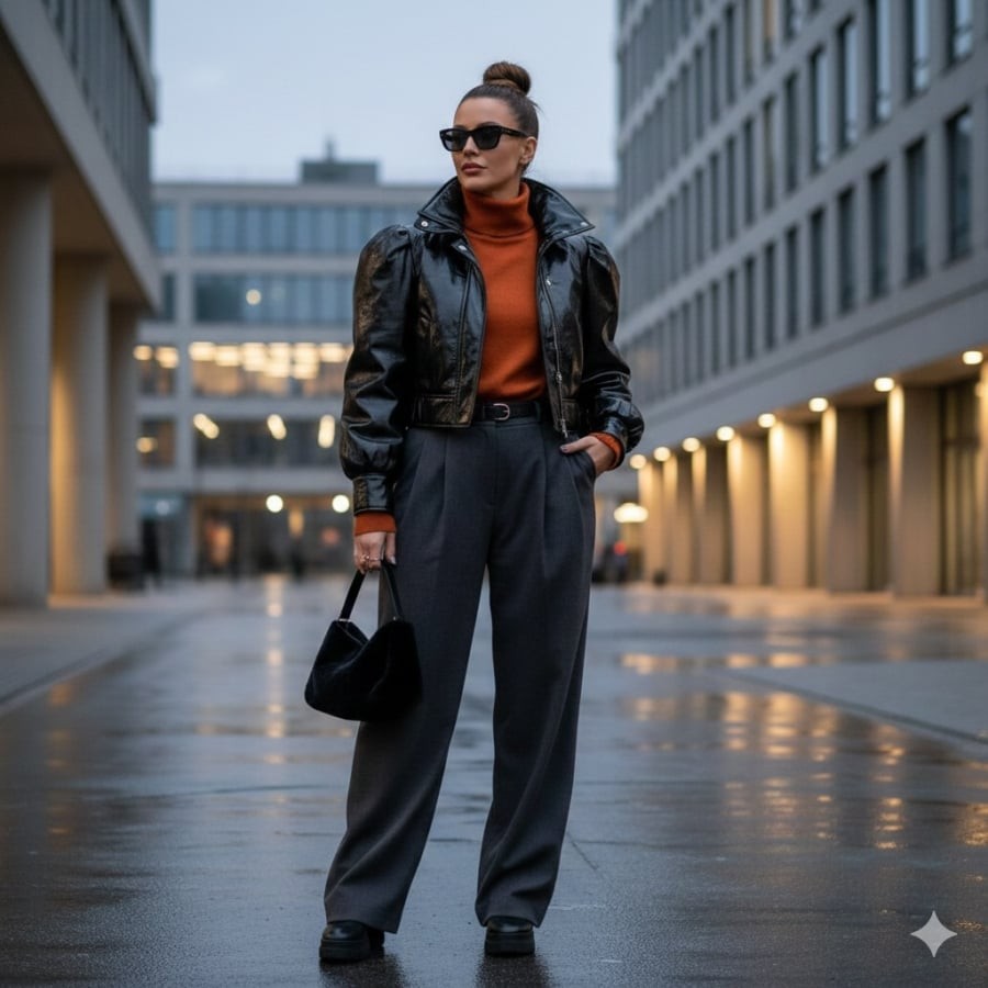 Áo len là item dễ kết hợp với áo khoác da nhờ tính linh hoạt và khả năng giữ ấm tốt