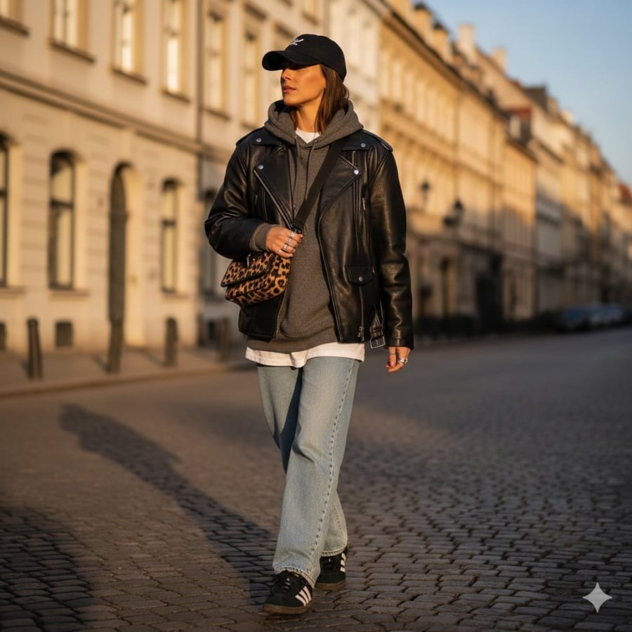 Layer áo khoác nỉ bên trong áo khoác da là giải pháp giữ ấm hiệu quả trong những ngày lạnh hơn