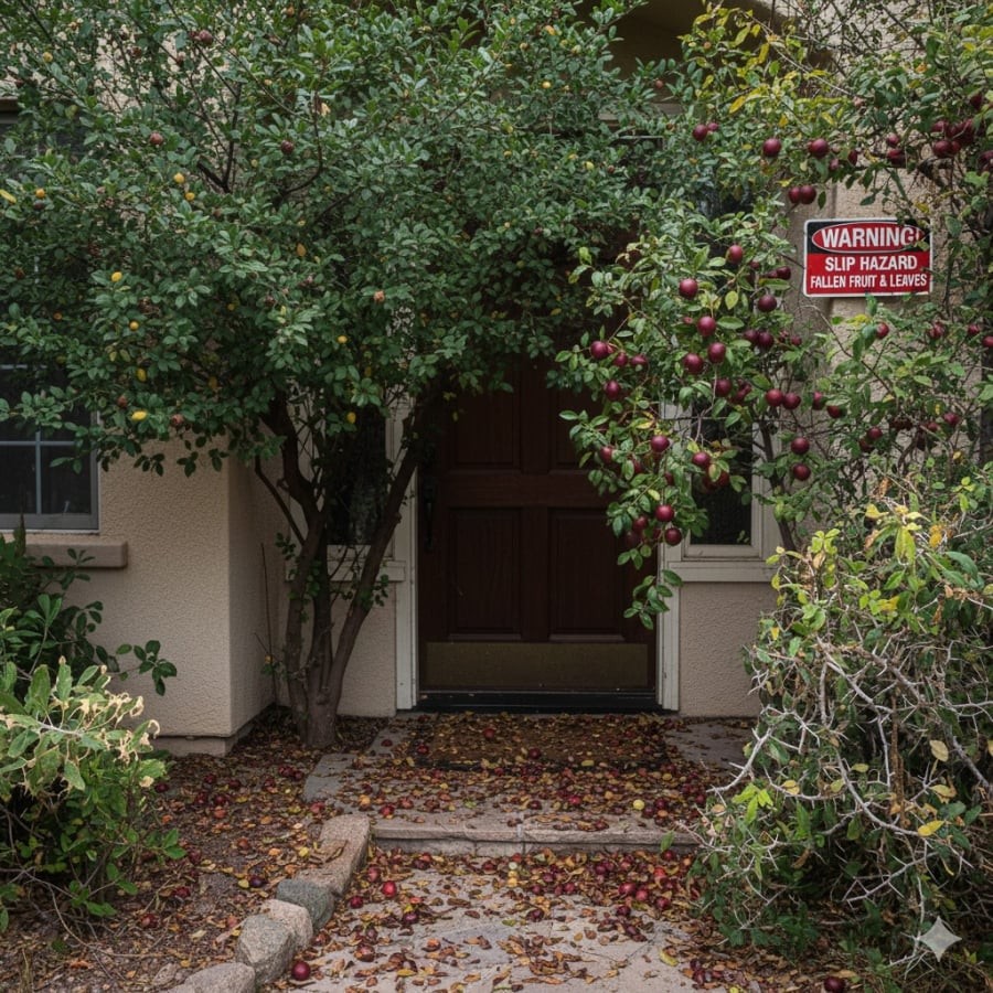 Cây tán rộng hoặc cây nhiều quả rụng có thể gây nguy hiểm và mất vệ sinh khu vực trước cửa nhà.