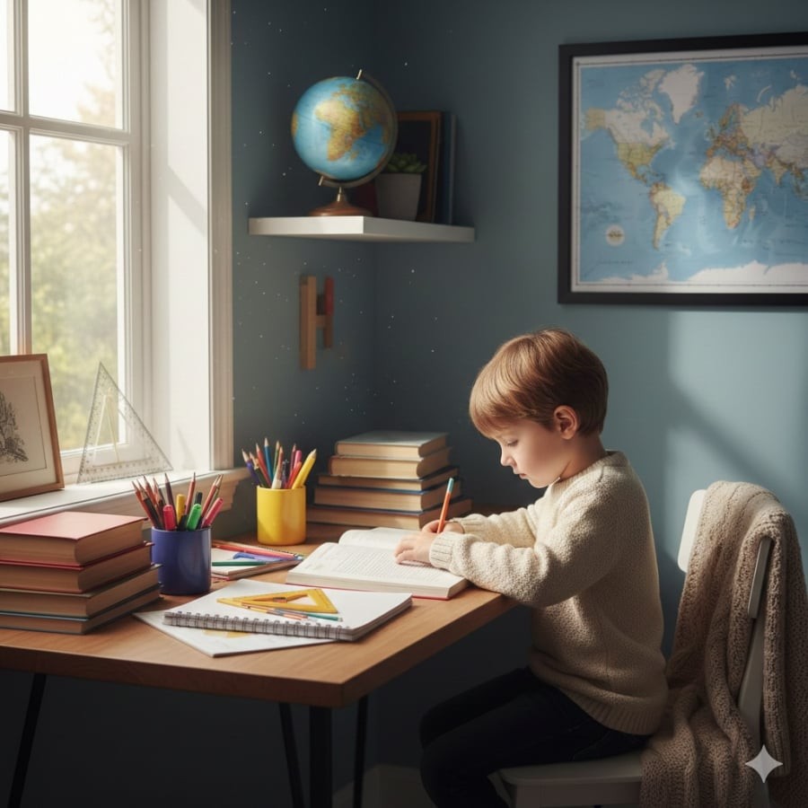 Một góc học tập đầy cảm hứng giúp trẻ tự phát triển động lực học tập từ bên trong.