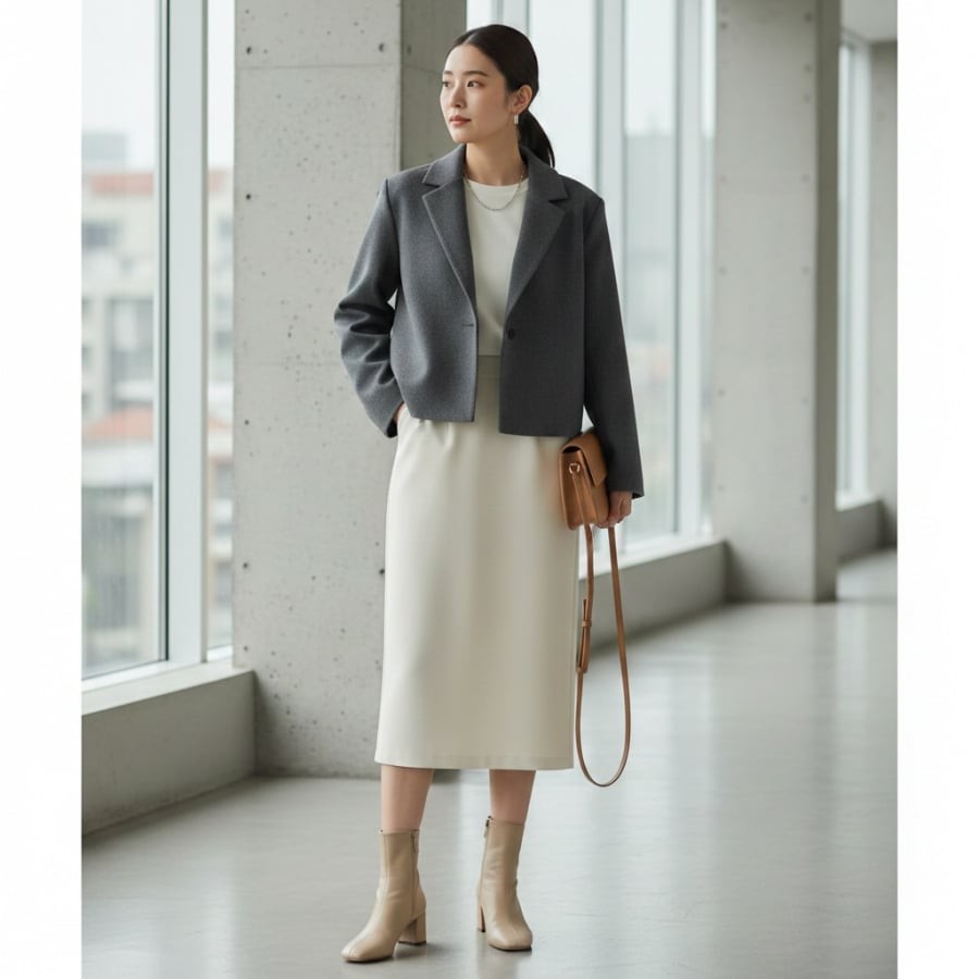 Chân váy suông phối áo khoác lửng giúp tôn dáng, “hack” chiều cao hiệu quả cho năm 2026.