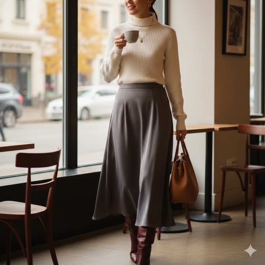 Chân váy suông mix áo len mang đến diện mạo hiện đại, phù hợp cả đi làm lẫn dạo phố.