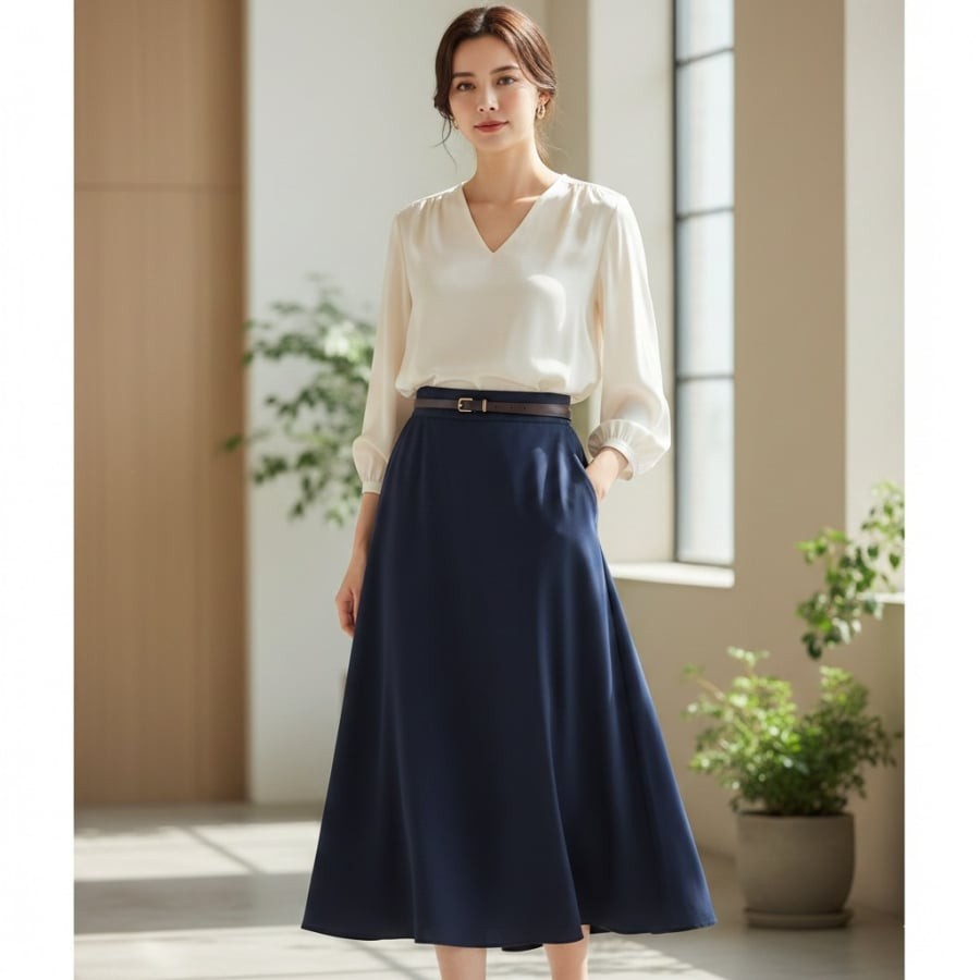 Công thức chân váy suông và áo blouse giúp tổng thể gọn gàng, chuẩn đẹp nơi công sở.