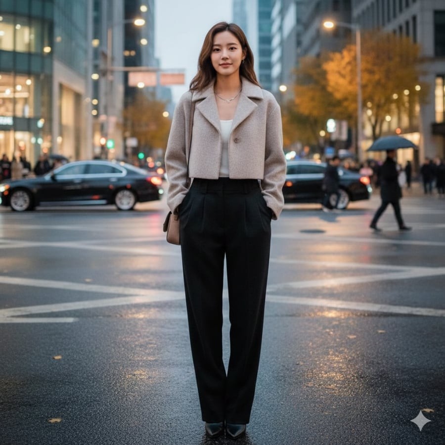 Áo khoác lửng giúp tạo tỷ lệ cơ thể cân đối, đôi chân trông dài hơn.