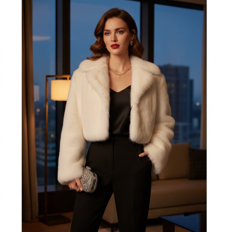 Áo khoác lông dáng lửng mang lại hiệu ứng sang trọng rõ rệt mà không làm “nuốt” chiều cao.