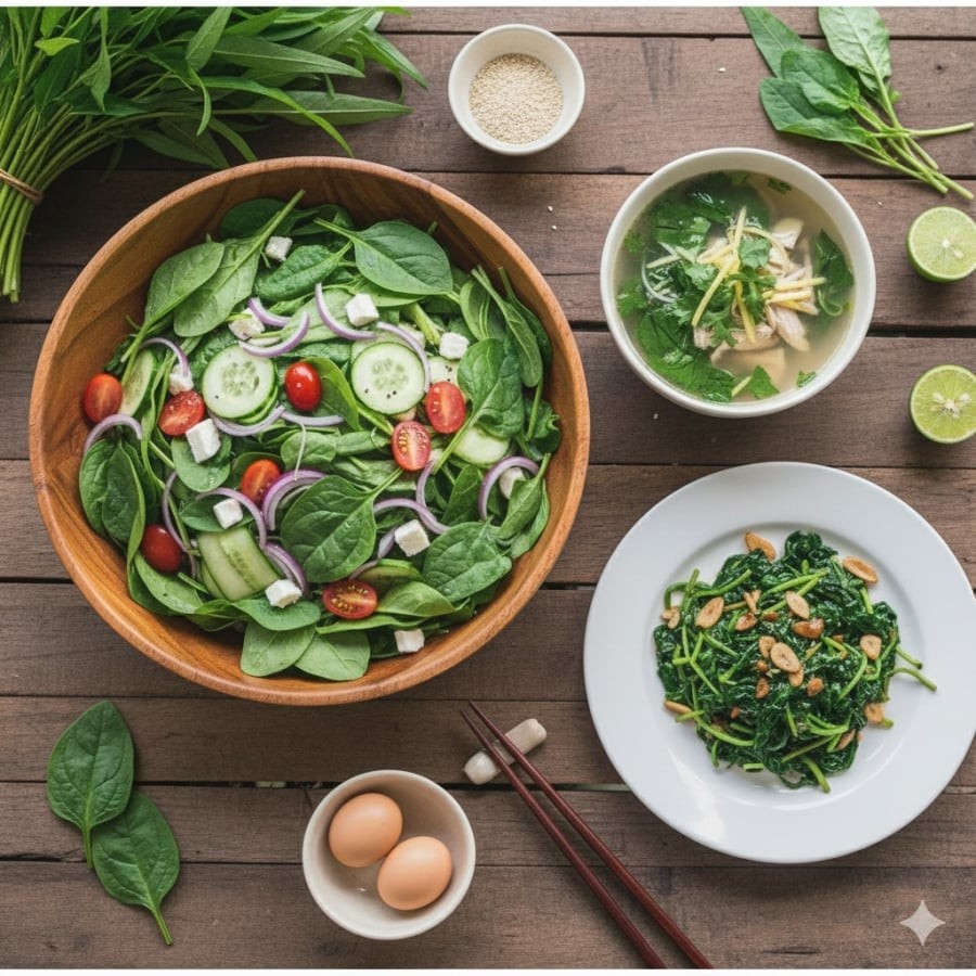 Rau bina dễ chế biến, ít calo nhưng giàu vitamin và khoáng chất, phù hợp với chế độ ăn lành mạnh hằng ngày.