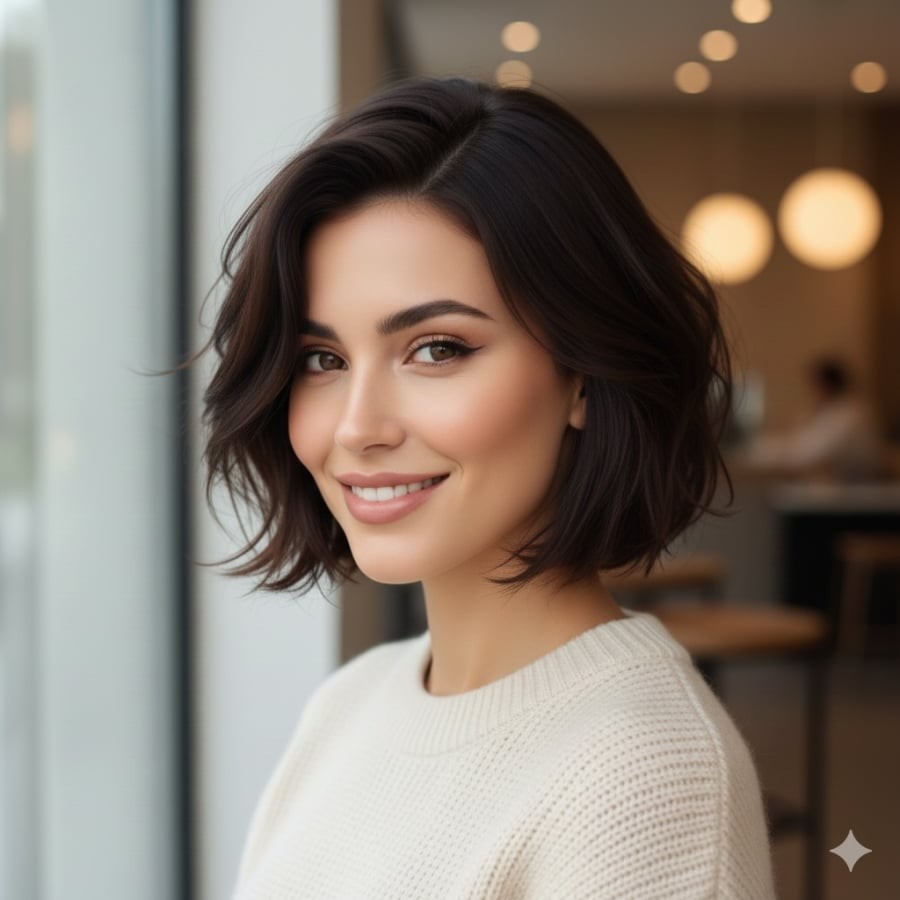 Tóc ngắn layer được tỉa tầng khéo léo, tạo độ phồng tự nhiên, mang lại vẻ ngoài năng động và giúp đường nét gương mặt mềm mại hơn.