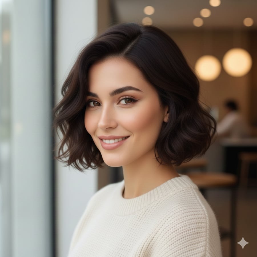 Tóc ngắn uốn sóng nhẹ ở phần ngọn giúp mái tóc bồng bềnh, tạo cảm giác dịu dàng và cân đối cho khuôn mặt.