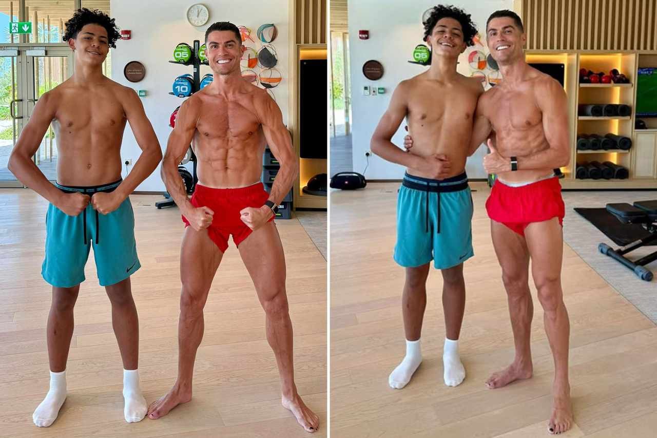Thể hình vượt trội của Cristiano Jr. khi đứng cạnh cha