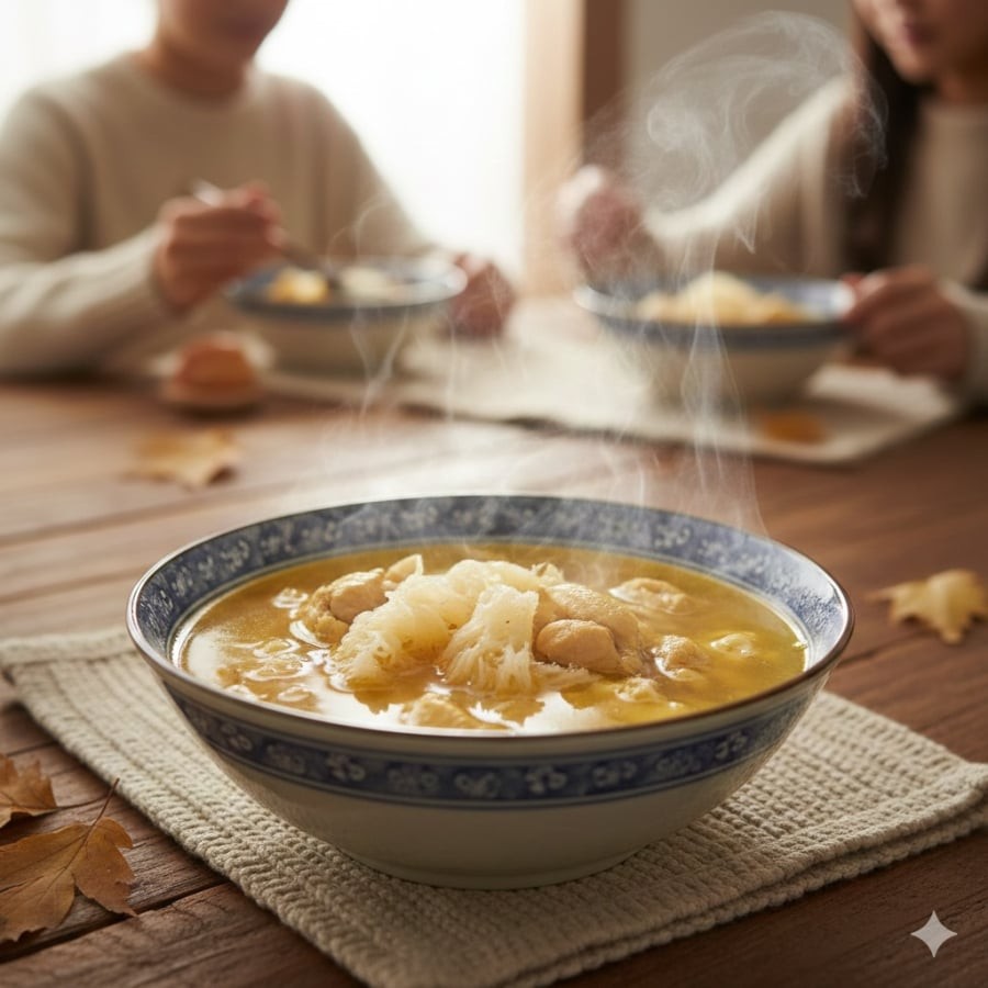 Canh gà hầm nấm tâm trúc – món ăn giàu Selen, dễ tiêu, rất phù hợp để bồi bổ sức khỏe cho người lớn tuổi.